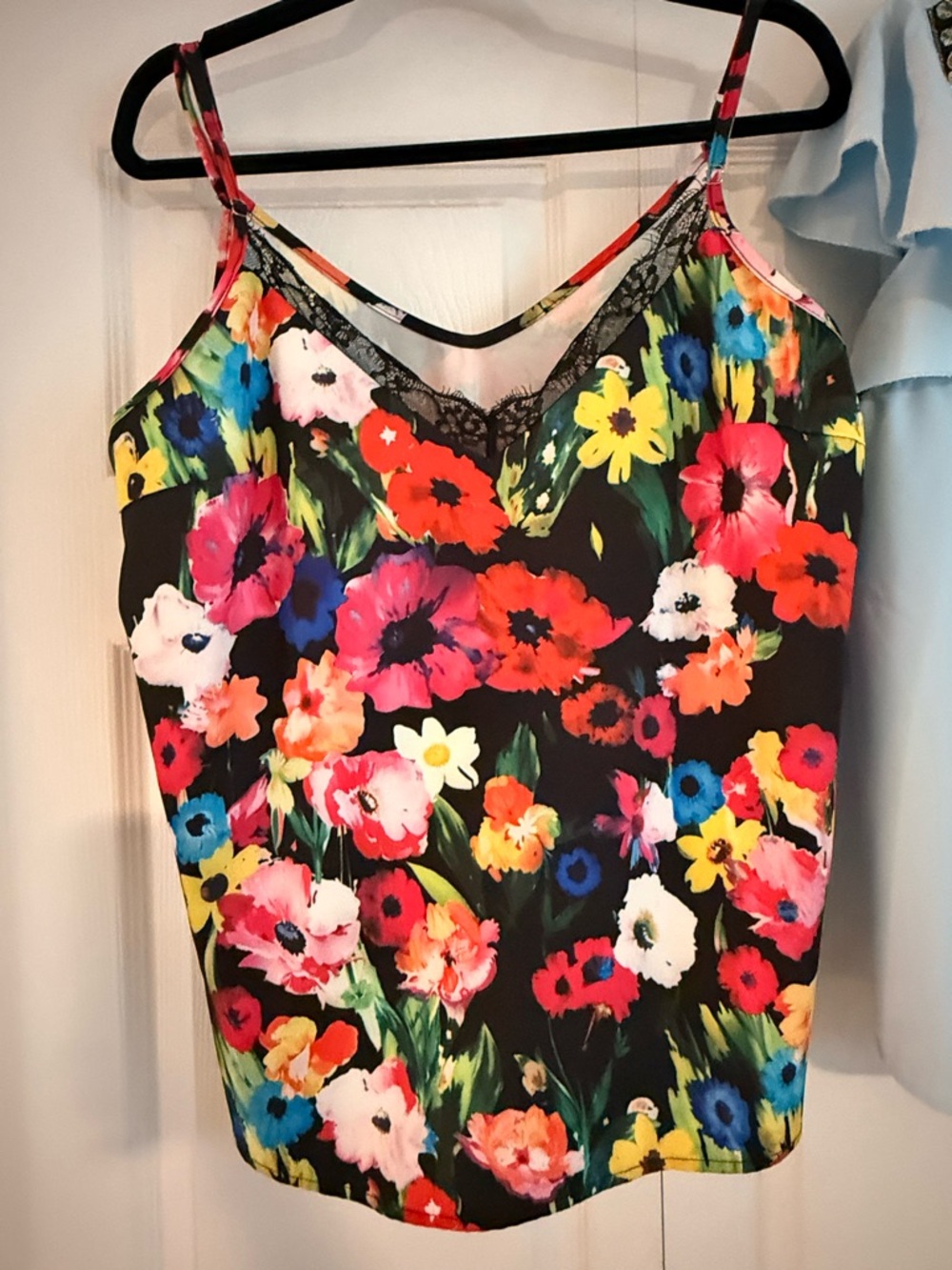 Set of 3 Vibrant Floral tank, Light Blue Embellished Square-Neck& crocheted Top - Picture 2 of 9